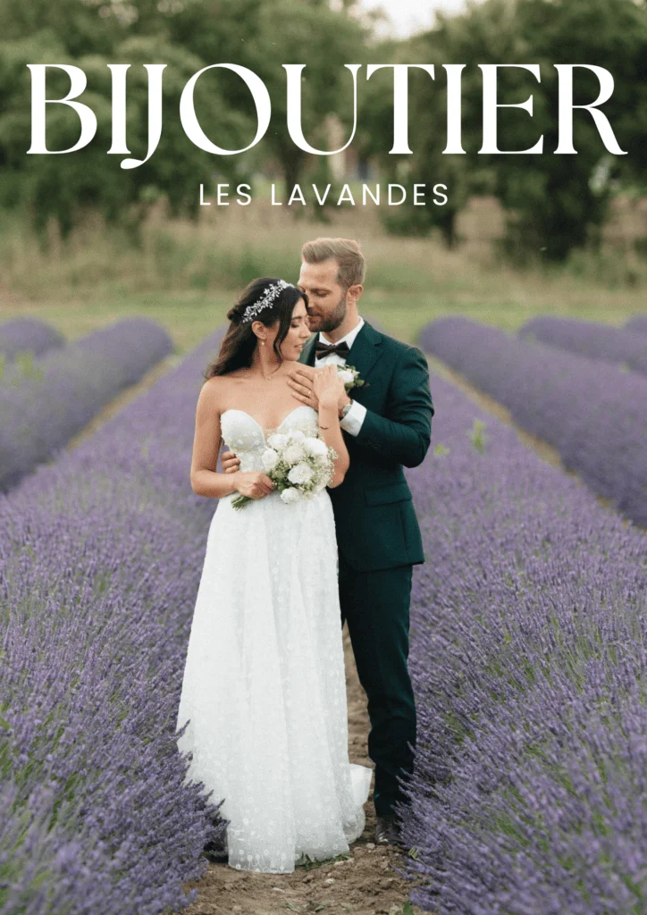 Couple de mariés enlacé dans un champ de lavande
